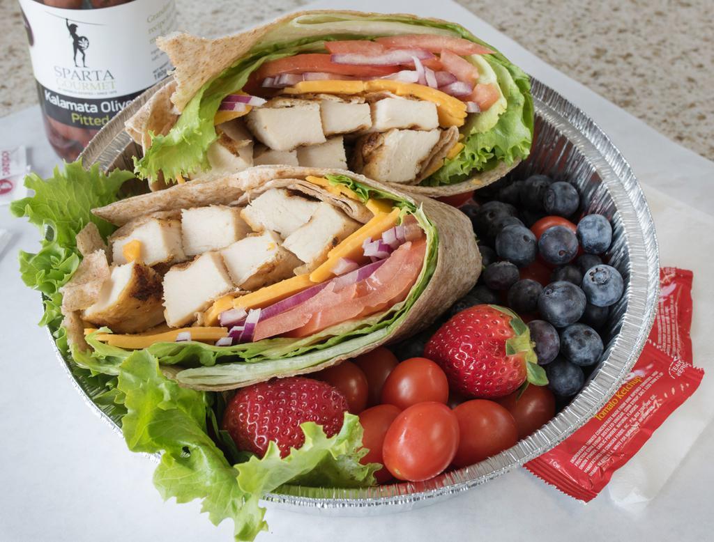 Grilled Chicken Wrap · Romaine Lettuce, Tomato , Avocado, American Cheese and Chipotle mayo.