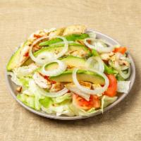 Grill Chicken salad · Grill chicken with lettuce, onion, green pepper, tomato, avocado with oil and vinegar on the...