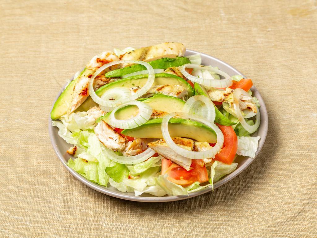 Grill Chicken salad · Grill chicken with lettuce, onion, green pepper, tomato, avocado with oil and vinegar on the side. 