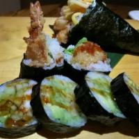 Shrimp Tempura Roll · Fried shrimp, avocado and cucumber, topped with light eel sauce (6pc)