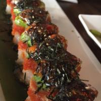 Tuna Princess · The only roll without nori: rice on the bottom, spicy tuna, avocado, peppered tuna, torched ...