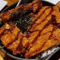 Tonkatsu Don · rice on the bottom, served with lettuce, onions, scrambled egg, fried pork and shredded nori...