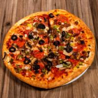 Gatti's Deluxe Pizza · Smoked provolone cheese, pepperoni, mild sausage, fresh mushrooms, while onions, bell pepper...