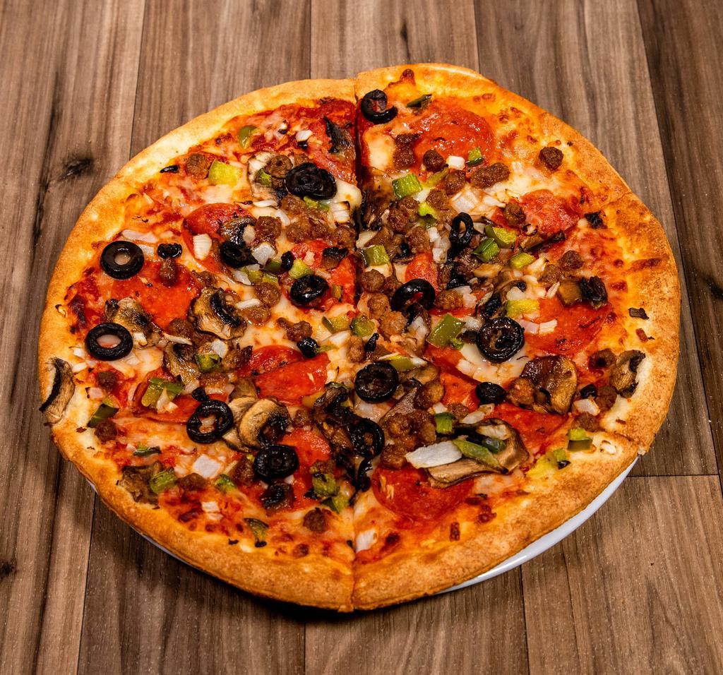 Gatti's Deluxe Pizza · Smoked provolone cheese, pepperoni, mild sausage, fresh mushrooms, while onions, bell peppers and black olives.