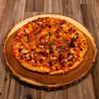 Bacon Double Pizza · Lots of smoked provolone cheese and cheddar cheese, topped with ground beef, tomatoes, white...