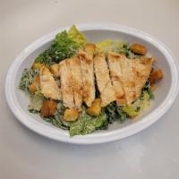 Caesar Salad with Chicken · Crisp romaine drizzled with creamy Caesar dressing and croutons, topped with fresh hand-grat...