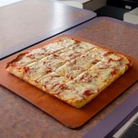 Margherita Sicilian Pizza · Plum tomatoes, basil, fresh garlic, and mozzarella cheese.