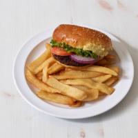 Burger Deluxe · Served with our steak fries, lettuce, tomato, sliced red onion and kosher dill pickle.