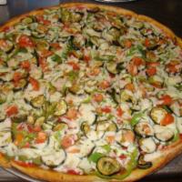 Vegetable Pizza · Spinach broccoli mushroom and tomato.