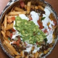 San Fransisco Fries · Refried beans, queso, guacamole, pico de gallo and crema. Choice of Meat or Veggie.