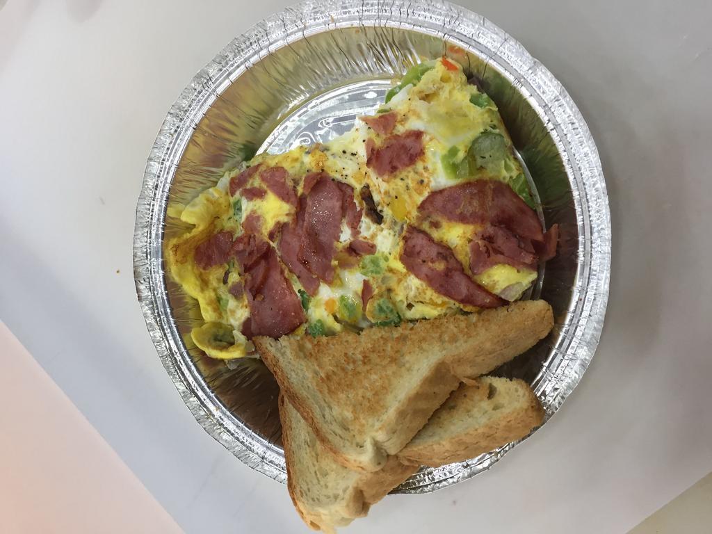 Western Omelette Platter · 3 eggs, turkey bacon, onions and bell peppers.