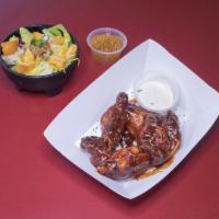 5 Pieces Wings · Served with fried corn and french fries or house salad.