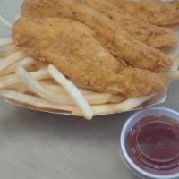 Chicken Strips & fries · 4 tender golden strips with choice of bbq, ranch or honey mustard dipping sauce served with ...