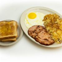 One egg combo · 1 egg with 3 piece bacon, 2 sausages or ham. Comes with hashbrowns or grits, and toast or a ...