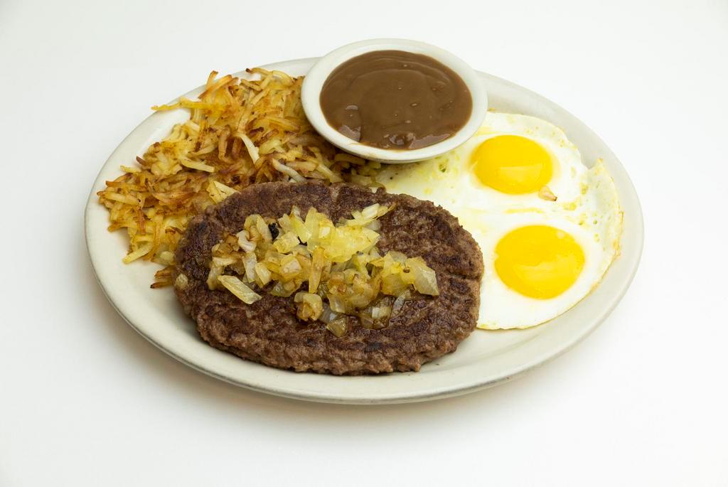 Hamburger Steak Breakfast Combo · Comes with brown gravy, 2 eggs, hashbrowns or grits and toast or a biscuit