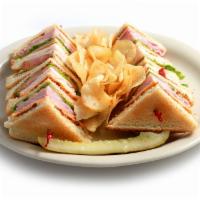Tops Club Sandwich · Ham, turkey, bacon, tomato, lettuce, cheese, and deli pickle.