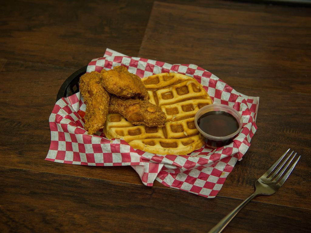 Chicken Tenders and Waffles · Served with chicken tenders, waffles 1 cup of syrup and butter.