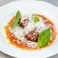 Polpette · BEEF, PORK , VEAL MEATBALLS, TOMATO SAUCE, PECORINO CHEESE.