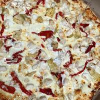 Mediterranean Pizza · Red roasted peppers, artichoke hearts, grilled chicken strips with mozzarella and Parmesan c...