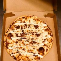 Chicken Bacon Ranch Pizza · grilled chicken and bacon in a ranch sauce topped with mozzarella  cheese.