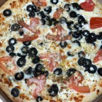 Greek Pizza · Black olives, tomatoes, feta, mozzarella and cheddar cheeses with extra virgin olive oil and...