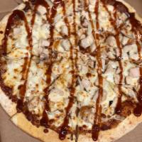 Smokey BBQ Chicken Pizza · Grilled chicken strips and onions with mozzarella and cheddar in a BBQ sauce.