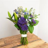 White, Blue, Purple Wrapped Bouquet · Seasonal options may vary throughout the year and depending on location. Our florist will pr...