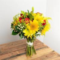 Yellow, Orange, Red Wrapped Bouquet · Seasonal options may vary throughout the year and depending on location. Our florist will pr...