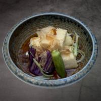 Agedashi Tofu · Japanese lightly fried silken tofu with tempura sauce topped with bonito flakes