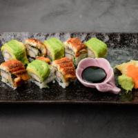 Dragon · Kani, Cucumber topped with Eel, Avocado served with Eel sauce 