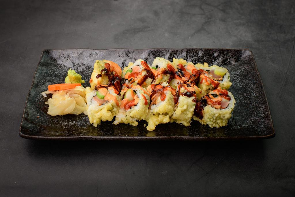 Dynamite Roll · Tempura style of wrapped Salmon, Tuna, Eel and Asparagus with Sriracha, Spicy mayo and Eel sauce