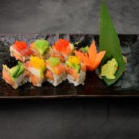 Angel Roll · Crunchy Spicy Salmon topped with Tuna, Salmon, Avocado and Caviar
