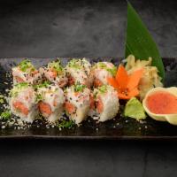Volcano Roll · Crunchy Spicy Tuna and Cucumber topped with Spicy kani salad, Scallion, Sesame seed, Tempura...