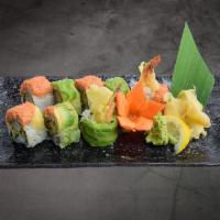 Shogun Roll · Shrimp tempura and Cucumber topped with Spicy tuna, Avocado with Eel sauce