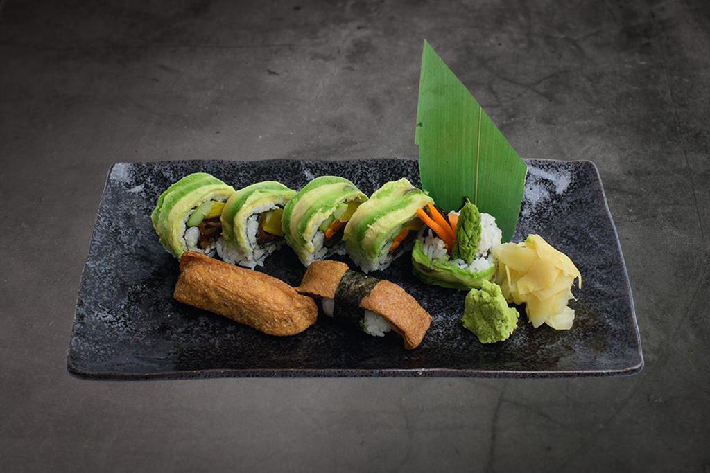 Vegetable Sushi Combo · Vegetables Roll - Avocado, Asparagus,Yamagobo, Oshiko, Kampyo, Shiitake with  2pcs Inari sushi