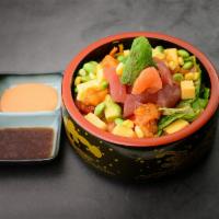 Poke Bowl · Cubed Tuna and Salmon with mixed vegetables served with house special Wasabi soy, spicy Mayo