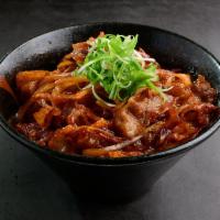 Gyu Don · Japanese rice bowl with Stir-fry beef, Scallions, Pickled Ginger, Egg