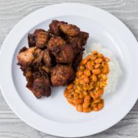 Chicharron de Pollo Sin Hueso · Fried chicken chunks without bones. Served with rice and beans or green or yellow plantains ...