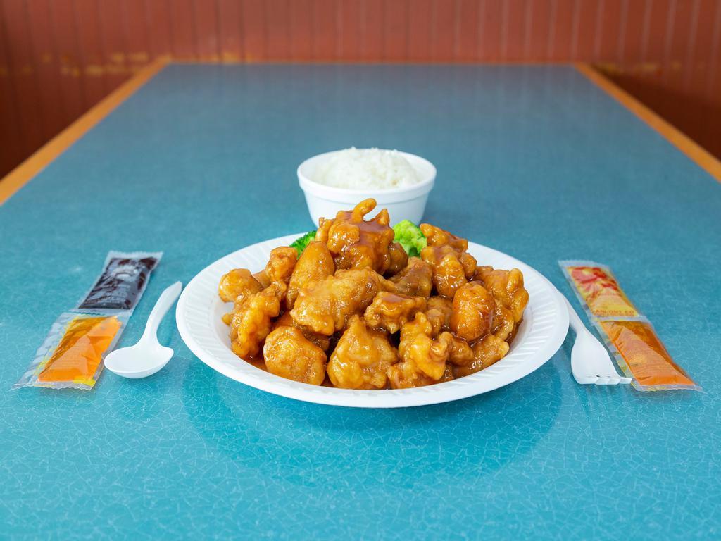 F1. General Tso's Chicken · Lightly battered chicken, quick-fried in a sweet-spicy sauce. White meat for an extra charge. Hot and spicy.