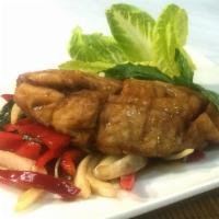 SF1. Pla Basil · Crispy Filet Fish / Thai basil sauce / onion / bell pepper / fresh chili / basil leaves