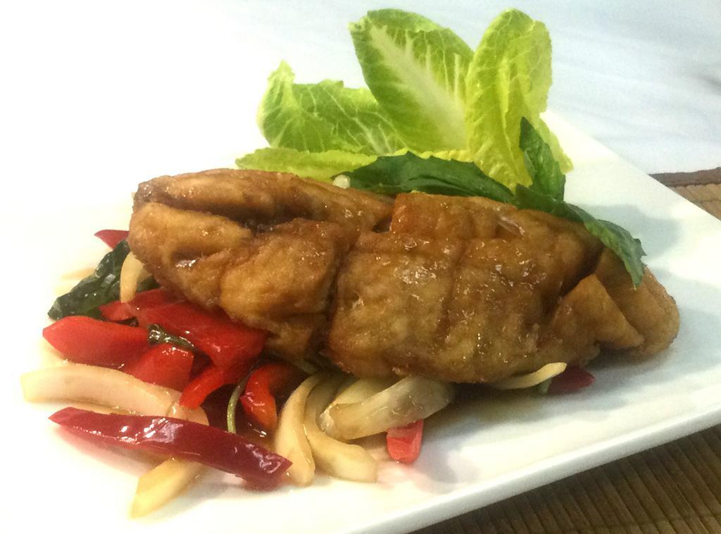 SF1. Pla Basil · Crispy Filet Fish / Thai basil sauce / onion / bell pepper / fresh chili / basil leaves