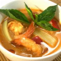 C1. Red Curry · Red Curry / coconut milk / bell pepper / bamboo shoots / basil leaves