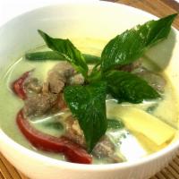C2. Green Curry · Green curry / coconut milk / string beans / bamboo shoots / bell pepper / basil leaves