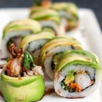 Dragon Roll · Eel, cucumber inside and top with avocado.