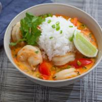 Red Curry Shrimp · shrimp, carrot, green pepper, red pepper, mushroom, zuchinni, and basil with red curry sauce