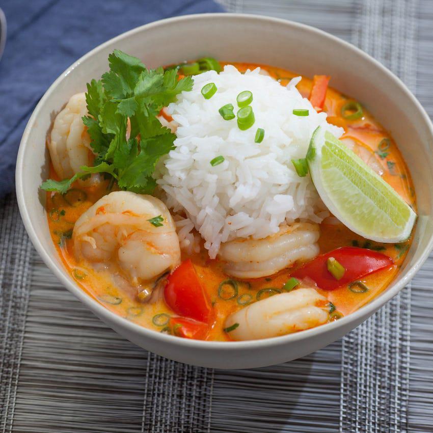Red Curry Shrimp · shrimp, carrot, green pepper, red pepper, mushroom, zuchinni, and basil with red curry sauce