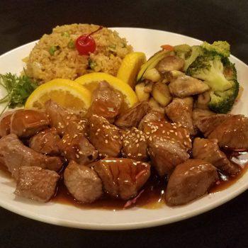 Steak Hibachi · Sauteed main ingredients include zucchini, broccoli, onion, mushroom and pepper with homemade hibachi sauce. Served with miso soup or garden salad and rice.