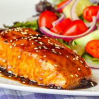 Salmon Teriyaki · Served with miso soup or garden salad and rice.