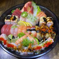 Party B · 18 pcs sashimi, 12 pcs sushi & 2 special rolls $ 2 regular rolls