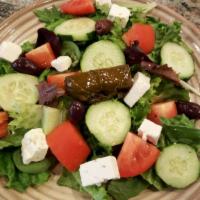 Greek Salad · Feta cheese, olives, grape leaf, cucumbers and tomatoes.
